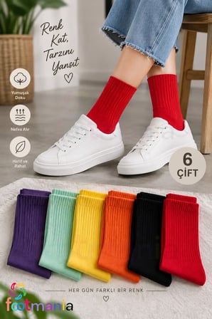 6” Çift Kadın Çok Renkli Düz Tenis Kolej ÇorapSeti(extra confort)