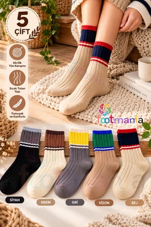 5 "li Kışlık Kadın Yün’lü Uyku Çorabı Renkli Soket Soft Touch Footrenkli1223