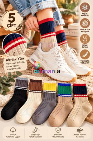 5 "li Kışlık Kadın Yün’lü Uyku Çorabı Renkli Soket Soft Touch Footrenkli1223