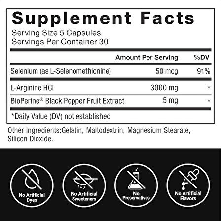 FORCE FACTOR L-Arginine Nitric Oxide BioPerine  Help Build Muscle and Support Stronger Blood Flow, Circulation, Nutrient Delivery, and Pumps, L-Arginine 3000mg, 3g, 150 Capsules