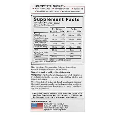 Force Factor Eye Health Lutein Zeaxanthin Saffron Copper 60 Vegetable Caps