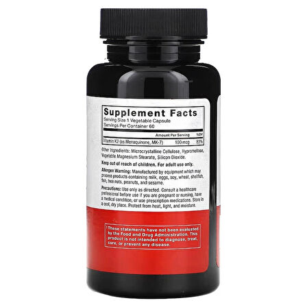 Force Factor Mk-7 Vitamin K2 100 Mcg Bone & Heart Health 60 Vegetable Caps