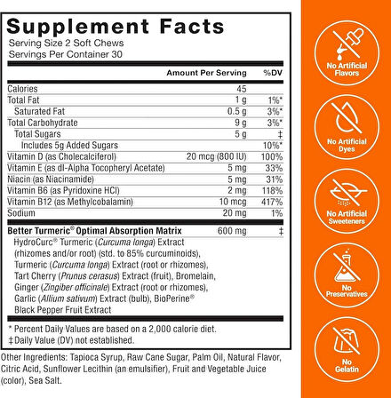 FORCE FACTOR Better Turmeric Zerdeçal 400mg with Black Pepper & Ginger 60 Turmeric Chews