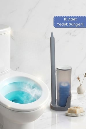 Kullan At Başlıklı Klozet Temizleme Seti - 10 Adet Mavi Ferahlık Süngeri & Transparan Stand