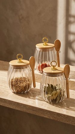 3'lü Borosilikat Cam Halka Kapaklı Çizgili Kaşıklı Cam Kavanoz Mutfak Seti 650 ml