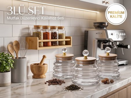 Kristal Kulplu Bambu Kapaklı Dalgalı Borosilikat Cam Kavanoz 400ML - Lüks Mutfak & Banyo Saklama Kab