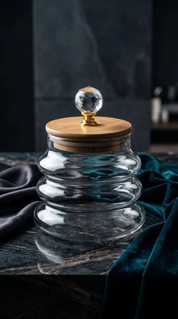 Kristal Kulplu Bambu Kapaklı Dalgalı Borosilikat Cam Kavanoz 400ML - Lüks Mutfak & Banyo Saklama Kab