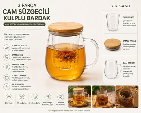 Süzgeçli Ahşap Kapaklı Cam Demleme Kupası - Kişisel Bitki Çayı Fincanı