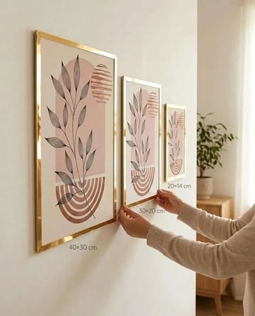Modern Boho Gold Çerçeveli Duvar Tablosu Seti 2NO (3 Parça) - Sıcak Tonlar Botanik Sanat Serisi