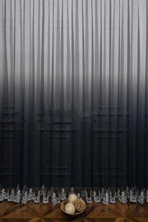 Antrasit Gri Etek Nakış Renk Geçişli Desen Tarz Tasarım Tül 2 Kat Pileli