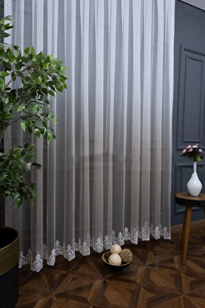 Vizon Bej Etek Nakış Renk Geçişli Desen Tarz Tasarım Tül 2 Kat Pileli