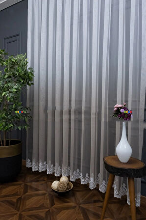 Vizon Bej Etek Nakış Renk Geçişli Desen Tarz Tasarım Tül 2 Kat Pileli