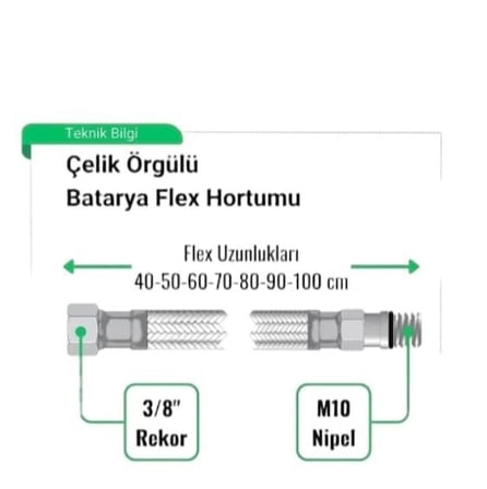 2 Adet 3/8 M10 Batarya Musluk Bağlantı Hortumu Flex Batarya Hortumu 50 cm Çelik Örgülü
