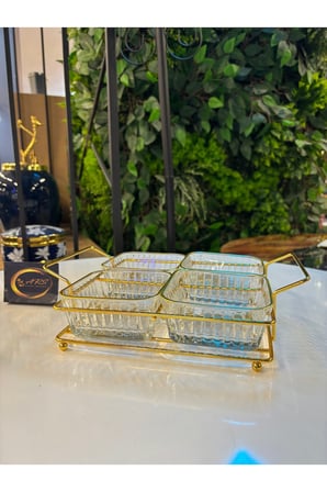 ARS Paşabahçe Frezya Yaldızlı Kare Kase, Metal Gold Standlı 4'lü Çerezlik, Sunumluk, Kahvaltılık