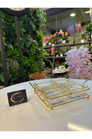 ARS Paşabahçe Frezya Yaldızlı Kare Kase, Metal Gold Standlı 4'lü Çerezlik, Sunumluk, Kahvaltılık