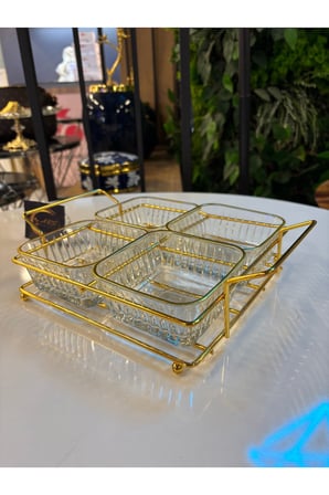 ARS Paşabahçe Frezya Yaldızlı Kare Kase, Metal Gold Standlı 4'lü Çerezlik, Sunumluk, Kahvaltılık