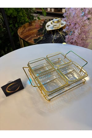 ARS Paşabahçe Frezya Yaldızlı Kare Kase, Metal Gold Standlı 4'lü Çerezlik, Sunumluk, Kahvaltılık