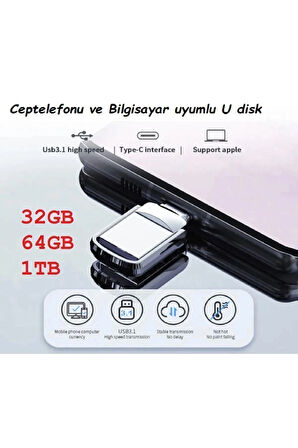  32GB-64GB-1TB Type-C Flash Bellek 3.0 USB Bellek Mini Metal Dual Otg Hem Telefona Hem Bilgisayara