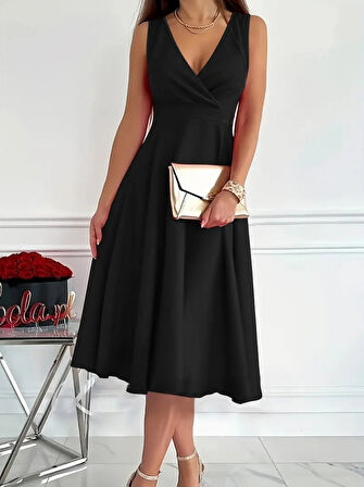 fh fashionhere Kadın Ithal Krep Kumaş Kruvaze Yaka Eteği Kloş Kolsuz Mini Elbise