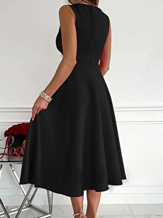 fh fashionhere Kadın Ithal Krep Kumaş Kruvaze Yaka Eteği Kloş Kolsuz Mini Elbise