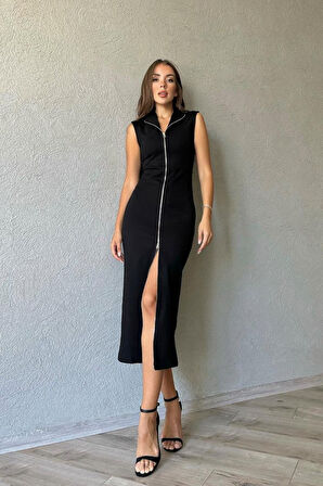 fh fashionhere Siyah Boydan Fermuarlı Sıfır Kol Elbise