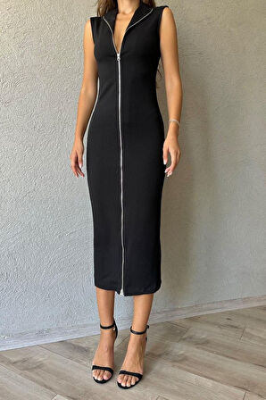fh fashionhere Siyah Boydan Fermuarlı Sıfır Kol Elbise