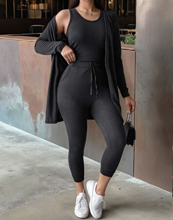 fh fashionhere Kadın Uzun Kollu Hırka Atlet Ve Eşofman Yün Viskon üçlü Takım