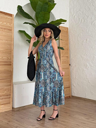 fh fashionhere Kadın Beli Gipeli Etnik Desen Sıfır Kol Süprem Elbise