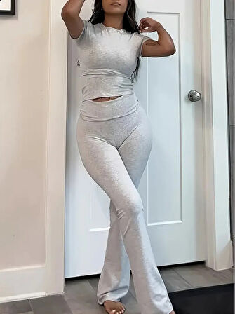 fh fashionhere Kadın Kısa Kollu Bisiklet Yaka Alt Ispanyol Paça Viskon Ikili Takım
