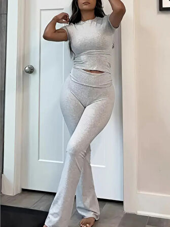 fh fashionhere Kadın Kısa Kollu Bisiklet Yaka Alt Ispanyol Paça Viskon Ikili Takım
