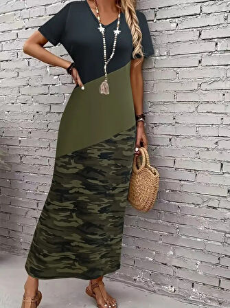 fh fashionhere Kadın Kısa Kollu Bisiklet Yaka çok Renkli Maksi Viskon Elbise