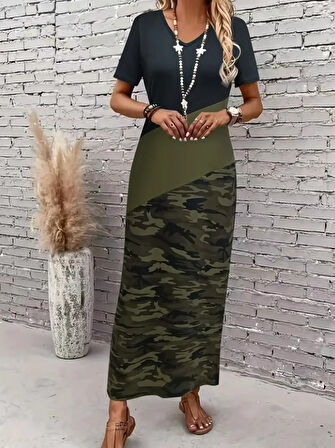 fh fashionhere Kadın Kısa Kollu Bisiklet Yaka çok Renkli Maksi Viskon Elbise
