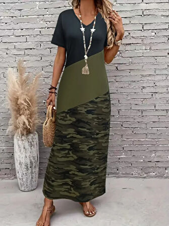 fh fashionhere Kadın Kısa Kollu Bisiklet Yaka çok Renkli Maksi Viskon Elbise