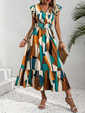 fh fashionhere Kadın Kısa Kollu Kruvaze Yakalı Beli Lastikli Desenli Maksi Boy Süprem Elbise