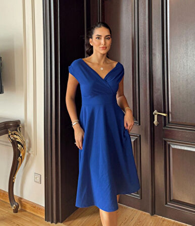 fh fashionhere Kadın Kısa Kollu Kruvaze Yaka Eteği Volanlı Krep Elbise