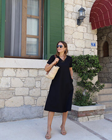 fh fashionhere Kadın Kısa Kollu V Yaka Cepli Viskon Elbise