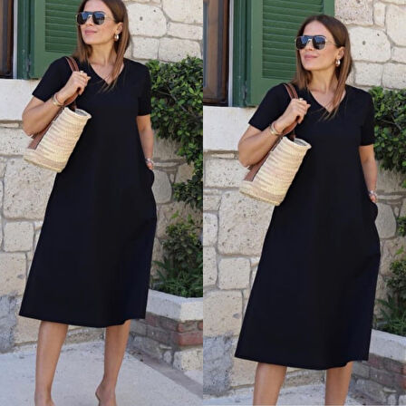 fh fashionhere Kadın Kısa Kollu V Yaka Cepli Viskon Elbise