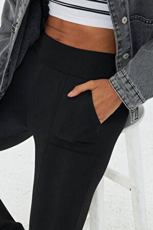 Lesa Wear Kadın Siyah Yüksek Bel Toparlayıcı Çift Cepli İspanyol Paça Tayt Bootcut