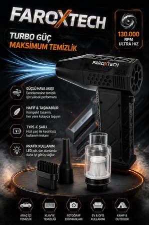 Turbo Güçlü Şarjlı Hava Üfleyici ve Mini Vakum – Çok Amaçlı Toz Temizleme Cihazı ve Aksesuar Seti