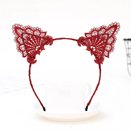 Dantelli Kırmızı Kedi Tacı - Tarz Dantel Kedi Kulak