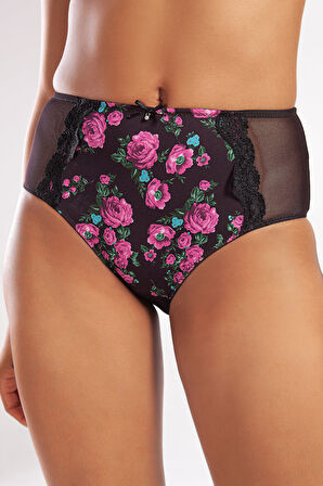 Golshan Gardenia Control Slip, Kadın Dantelli Çiçek Baskılı Siyah Yüksek Bel Külot