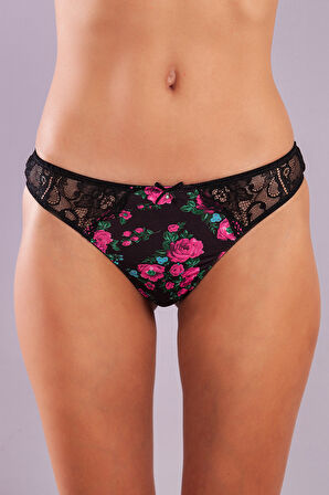 Golshan Gardenia Mini Slip, Kadın Dantelli Çiçek Baskılı Siyah Normal Bel Külot