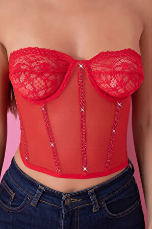 Kırmızı Özel Tasarım Taşlı Büstiyer