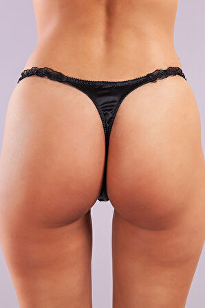 Golshan Giselle Mini String, Kadın Güpürlü Saten Siyah String Külot