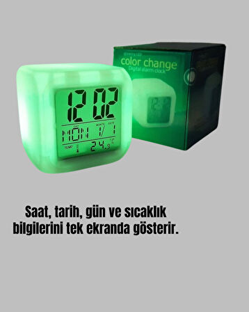 7 Renk Led Işıklı Alarmlı Dijital Küp Masa Saati Termometreli