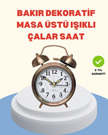 Metal Bronz Nostaljik Masa Saati Alarmlı Büyük Boy Sessiz Mekanizmalı