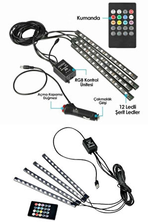 Araç İçi Ayak Altı Led 12 Led Işık Sese Müziğe Duyarlı Rgb Işıklı Aydınlatma Seti