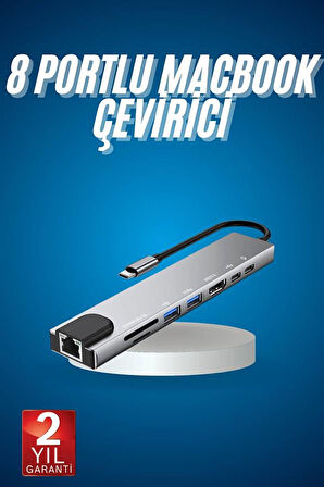 8 Port Çoklayıcı Macbook Ile Uyumlu Çoğaltıcı Type-C Dönüştürücü Tf Sd Kart