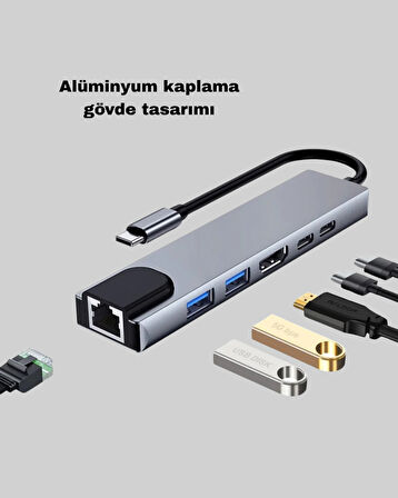 Alüminyum Kasalı Macbook Usb-C Hub – 4K Hdmi, Usb 3.0, Sd/Tf Kart Girişi, Pd Şarj Desteği