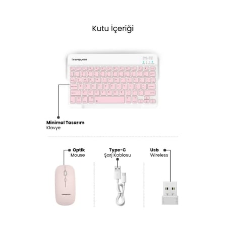 Pembe Kablosuz Klavye Mouse Seti